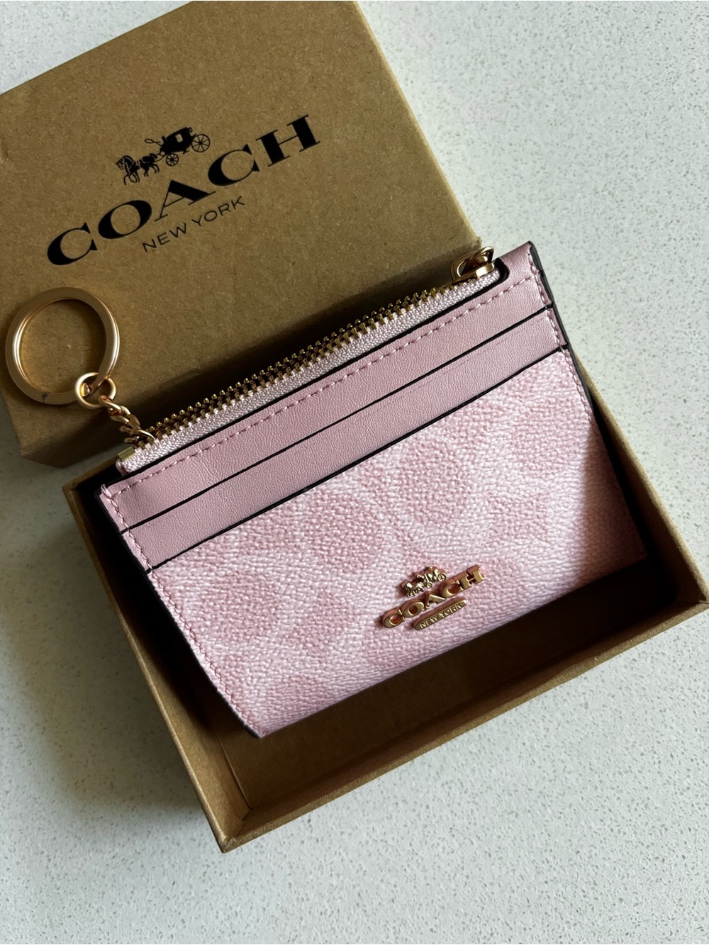 Coach Pink Signature Card Case with Gold Key Ring